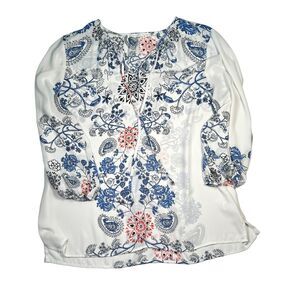 Violet & Claire Womens Floral Print Paisley Top Blouse White & Blue Size Large